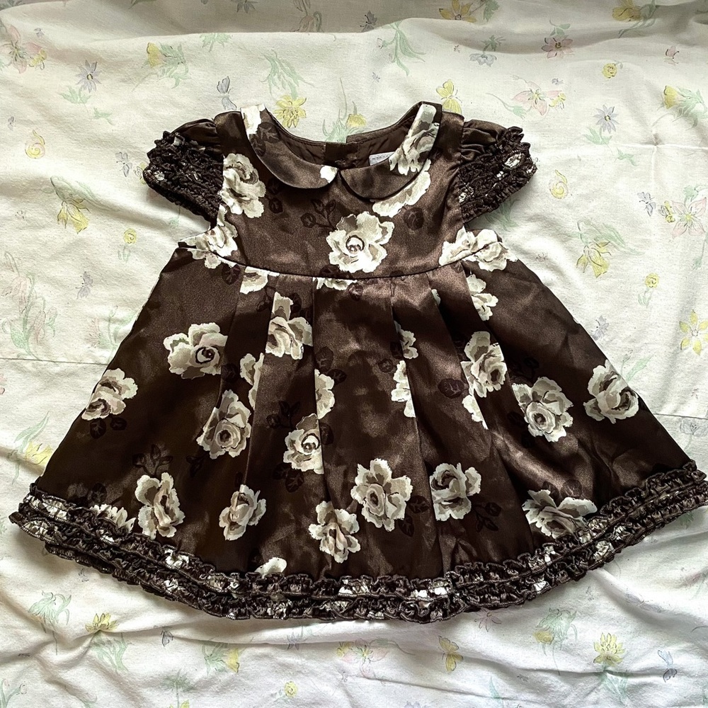 Koala Baby Boutique Brown Pleated Floral Ruffled Dress with Collar